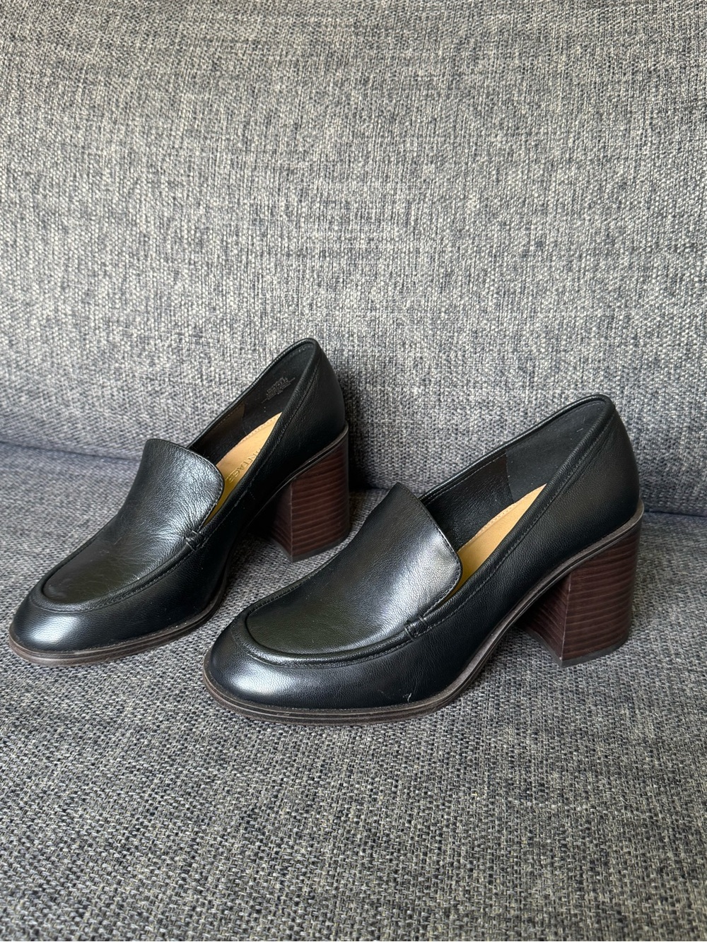 Crown Vintage Black Leather Block Heel Loafers with Brown Stacked Heel
